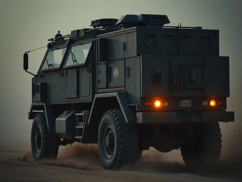 Heavy armoured military truck with steel plate armour in a desert convoy